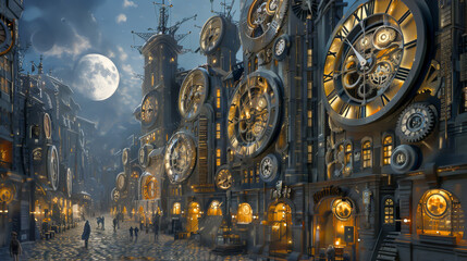 A cityscape with many clocks on the buildings. The clocks are all different sizes and are lit up at night. The moon is in the sky, casting a soft glow over the scene. Scene is one of nostalgia