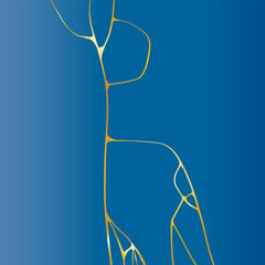 Kintsugi  blue wallpaper with golden. Line art