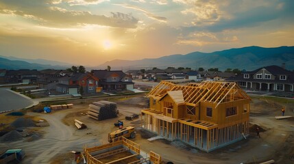 8k image of a residential construction site with a house in its early stages of building in the USA