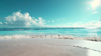 A peaceful beach with smooth, white sand and clear blue water.