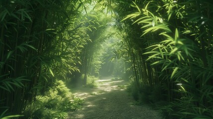 Naklejka premium A peaceful path through a dense bamboo forest.