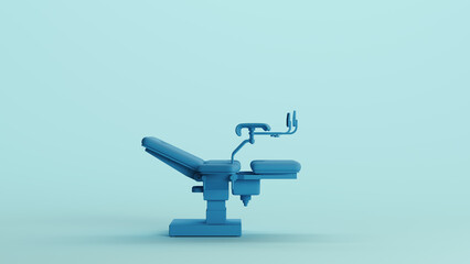 Blue gynaecology obstetrics chair specialist women's health equipment medical pale background side view 3d illustration render digital rendering	
