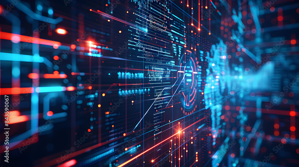 Poster a high-tech interface showing a cybersecurity network, network, dynamic and dramatic compositions, w