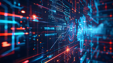 Obraz premium A high-tech interface showing a cybersecurity network, network, dynamic and dramatic compositions, with copy space