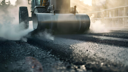 A black steamroller is flattening asphalt on a road. and steam can be seen rising from its drum. 
