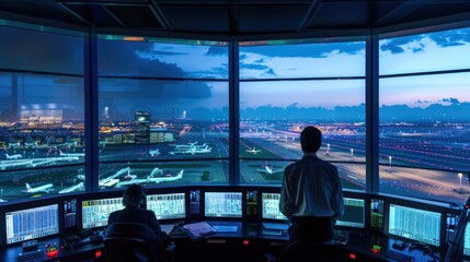 air traffic controllers at work in a control tower with a panoramic view of the airport runways