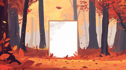 A blank photo frame on the ground in an autumn forest. in the style of cartoon. simple lines.flat illustration 