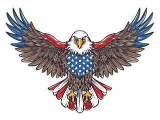 Fototapeta premium Graphic illustration of eagle with flag decor - An illustratively detailed bald eagle adorned with American flag motifs, representing national pride and strength