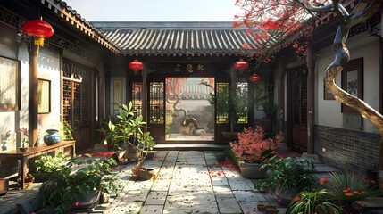 8k view of a traditional Chinese courtyard house (siheyuan) with vibrant decor.