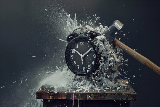 Hammer smashing alarm clock. Stopping time, wake up