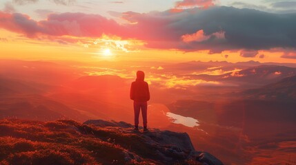 Fototapeta premium A person standing on a hilltop at sunset, looking out over a valley, reflecting awe.