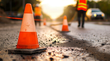 Construction worker working on road repair with Safety cones barrier on road