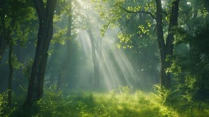 Obraz premium A quiet forest glade with sunlight streaming through the trees, indicating calm.