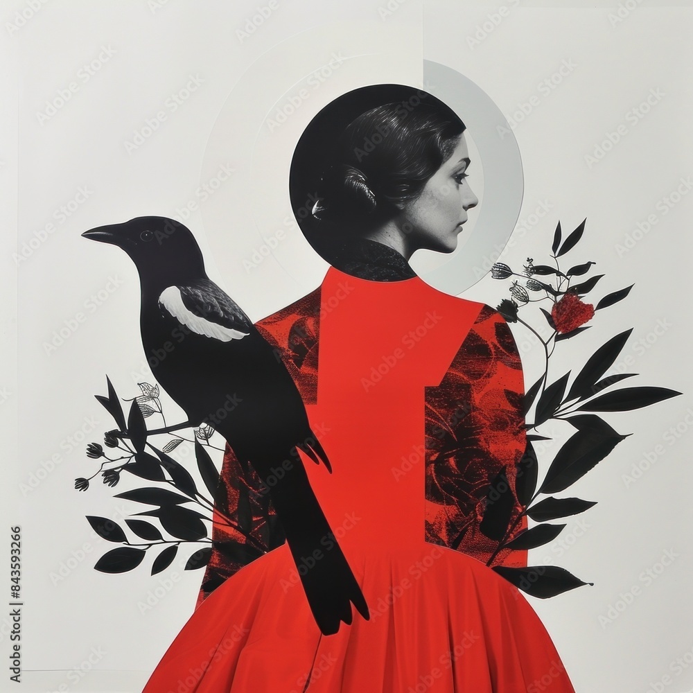 Poster Cut paper collage with a woman dress bird art.