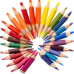 Fototapeta premium Rainbow Circle of Colored Pencils with Sharpened Tips Arranged in Cheerful, Outward-Facing Pattern on White Background