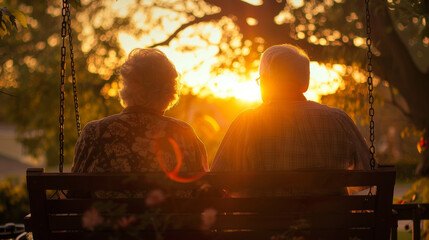 Fototapeta premium Elderly couple sitting on a swing at sunset, enjoying a peaceful moment together in a serene outdoor setting with warm lighting.