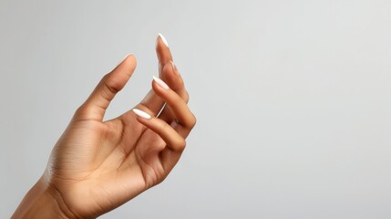 Elegant hand pose isolated on a neutral background, displaying graceful fingers and well-manicured nails for beauty and skincare concepts.