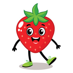 a medium quality red strawberry vector art illustration of a   walking, groovy character, solid white background, high regulation
