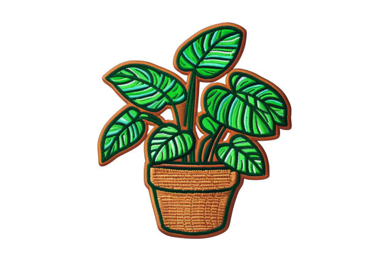 embroidered green plant in brown pot clip art preview