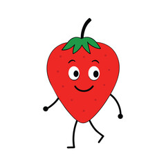 a medium quality red strawberry vector art illustration of a   walking, groovy character, solid white background, high regulation