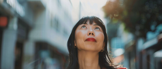 A woman gazes upwards in an urban setting, capturing a moment of reflection and aspiration under the city lights.
