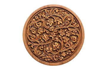 Intricate wooden carving featuring detailed floral patterns in a circular design, showcasing fine craftsmanship and artistic skill.