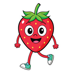 a medium quality red strawberry vector art illustration of a   walking, groovy character, solid white background, high regulation
