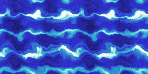 Wavy tie Dye stripe with linen effect seamless ribbon texture. Masculine blue white striped print edging. 