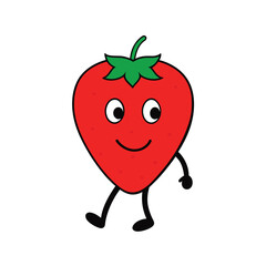 a medium quality red strawberry vector art illustration of a   walking, groovy character, solid white background, high regulation