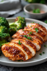 Healthy high protein meal with baked chicken breasts & broccoli 
