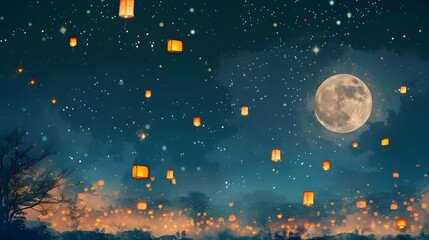 Lantern Festival Under the Full Moon. A vivid illustration of a Lantern Festival, with floating lights ascending into a starry night sky, crowned by a luminous full moon. Vesak Day