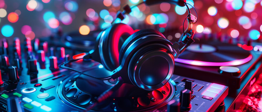 A vibrant DJ set-up with headphones on a mixer table, surrounded by colorful lights, capturing the energy of music and nightlife.