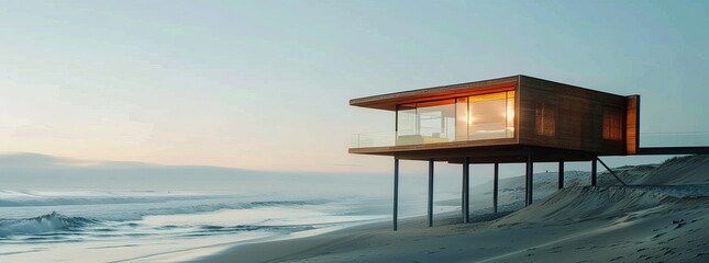 A minimalist beach house on stilts, perched above the sandy shore and offering uninterrupted views generated by AI