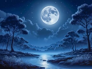 A serene landscape under a full moon, with moonlight reflecting off a calm lake and illuminating the surrounding trees and rocks. Moonlit Night