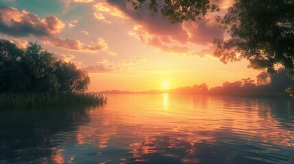 A serene sunset over a calm, reflective lake.