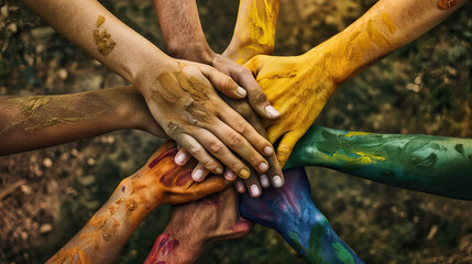 top view close up hands of different colors clasped together, symbolizing unity, diversity, and the spirit of Ubuntu.