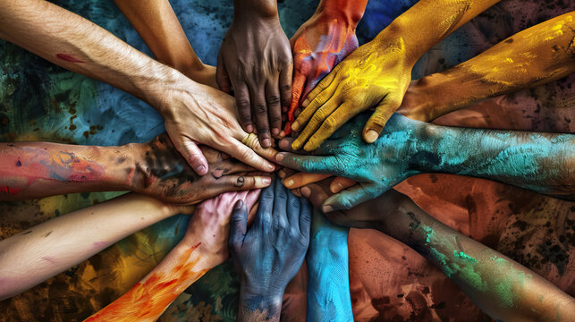 hands of different colors clasped together, symbolizing unity, diversity, and the spirit of Ubuntu.