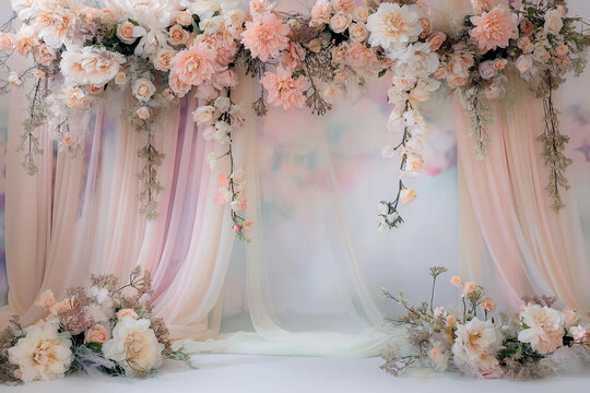 A beautifully designed indoor studio featuring an aesthetic wedding backdrop adorned with elegant flower decorations against a soft pastel color background