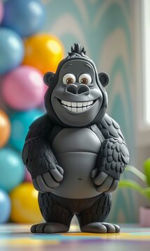A cartoonish gorilla with a big smile on its face is standing in front of a bunc