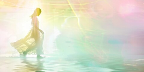 A Woman Walking Through a Dreamlike Mist on a Calm Water Surface