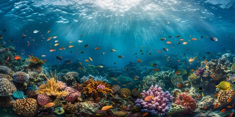 Fototapeta premium Vibrant Coral Reef Underwater Scene With Colorful Fish
