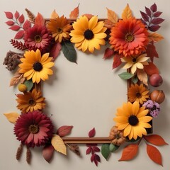 Obraz premium Autumn flowers and leaves yellow red brown, frame, pattern, copy space, banner.