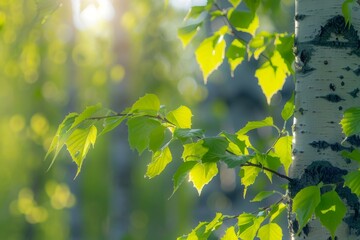 Obraz premium Fresh Green Leaves of a Birch Tree Branch in Sunlight background
