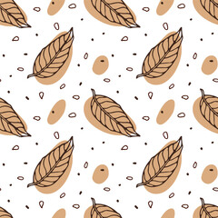 Seamless Leaves pattern. Abstract Hand drawn vector with autumn leaves and geometrical spots. Autumn weather. Doodle illustration. Repeated Background for wallpaper, wrapping, packing, textile
