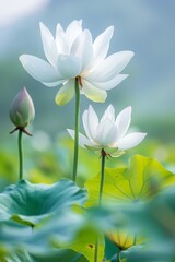 Fototapeta premium Two white flowers are in a green field