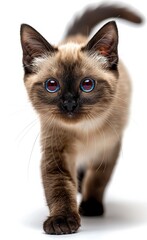 A cat with blue eyes walks on a white background