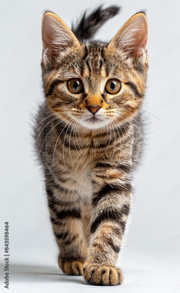 Sticker a kitten with a black and brown striped tail walks across a white background