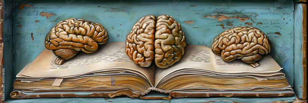 Poster a book with an open brain. showing the concept of knowledge and learning in education and training