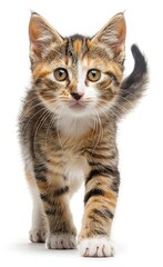 Obraz premium Japanese Bobtail cat with a white face and black ears walks on a white background