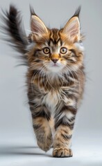 Obraz premium A kitten with long fur walks across a white background